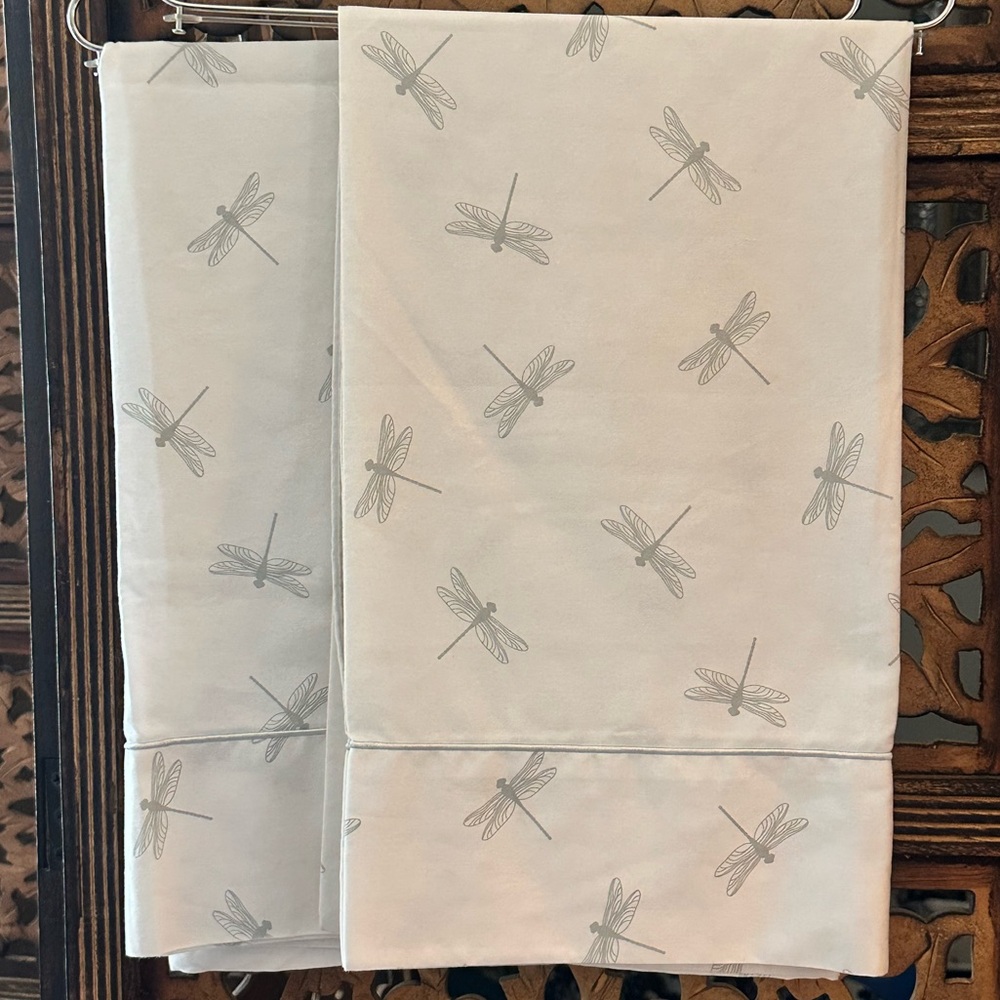 Cuddledown Pair of 2 White & Sage Green Dragonfly All Cotton Sateen Pillowcases.